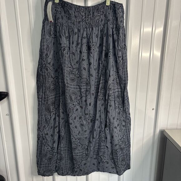 Earthbound Double Slit Maxi Skirt Smocked Waist Boho Gray Paisley Hippie Sz XXL - Picture 1 of 4